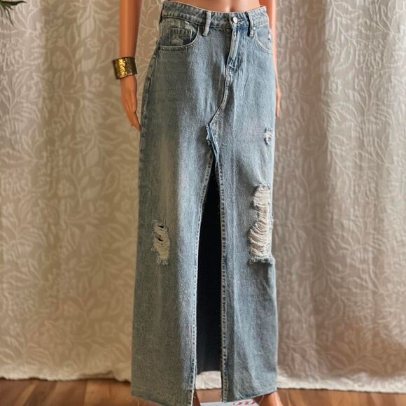 NWT PTCL Ethical Clothing Distressed Maxi Denim Jean Skirt Grunge Size S - Picture 1 of 7